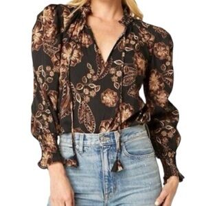 Misa Los Angeles Siena Cotton Blend Floral Long Sleeve Split Tie Neck Blouse